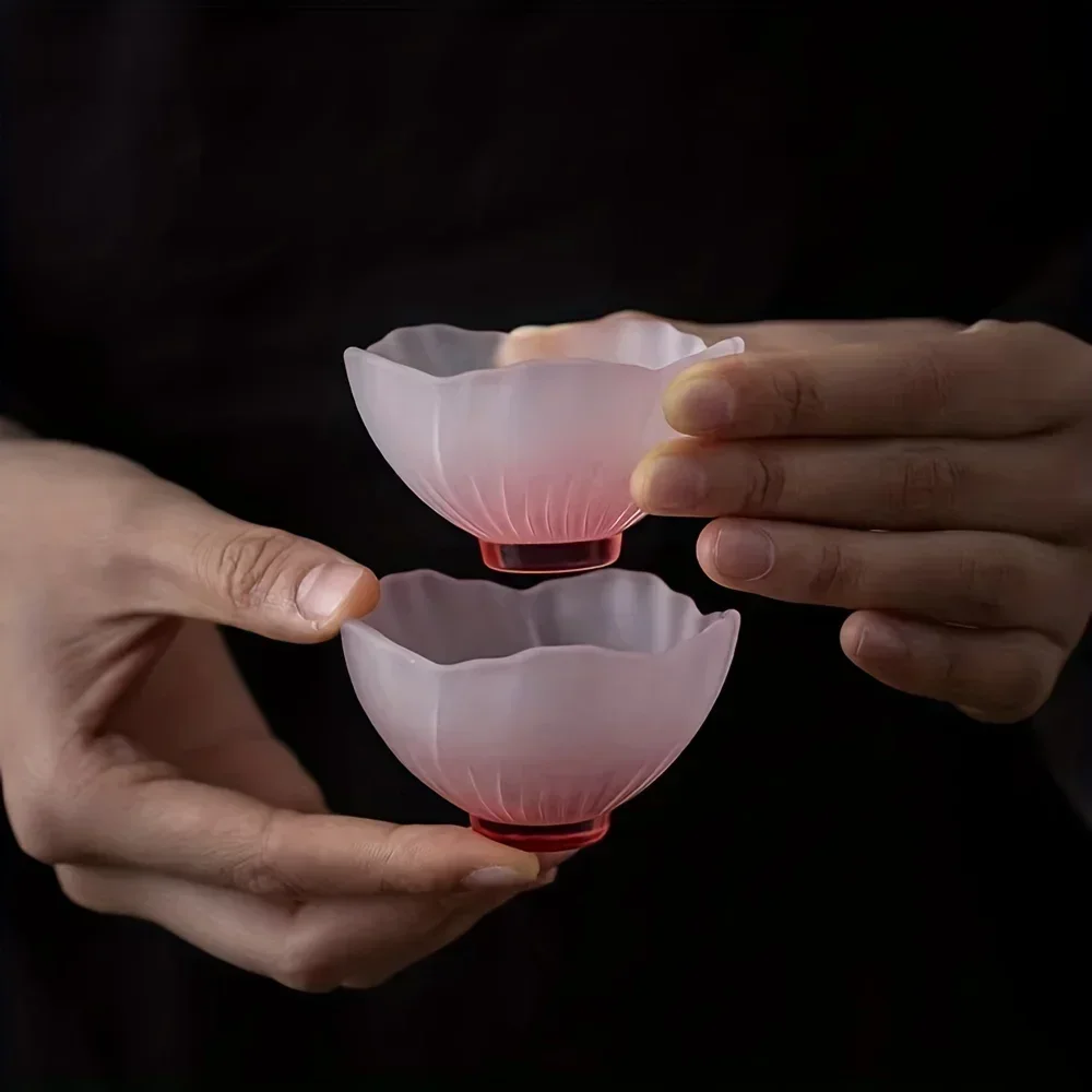 Glass Water Cup 1pc 45ml Pink Cherry Blossom Glass Tea Cups Frosted Insulated Exquisite Kung Fu Teaware Drinkware Gifts Fragrance-Smelling Cup