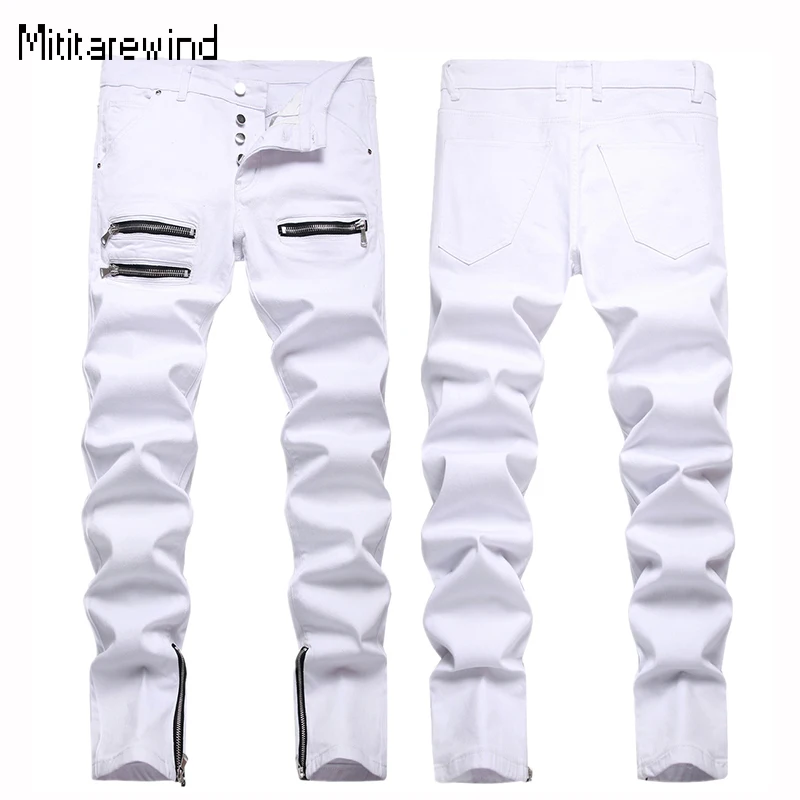 

Spring Fall White Jeans for Men High Street Casual Skinny Jeans Fashion Zipper Trim Design Pants Simple Versatile Men Trousers