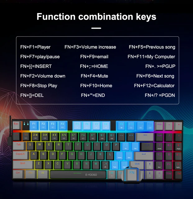 E-YOOO-Z19 USB Teclado mecânico para jogos, 94 teclas, cabo com