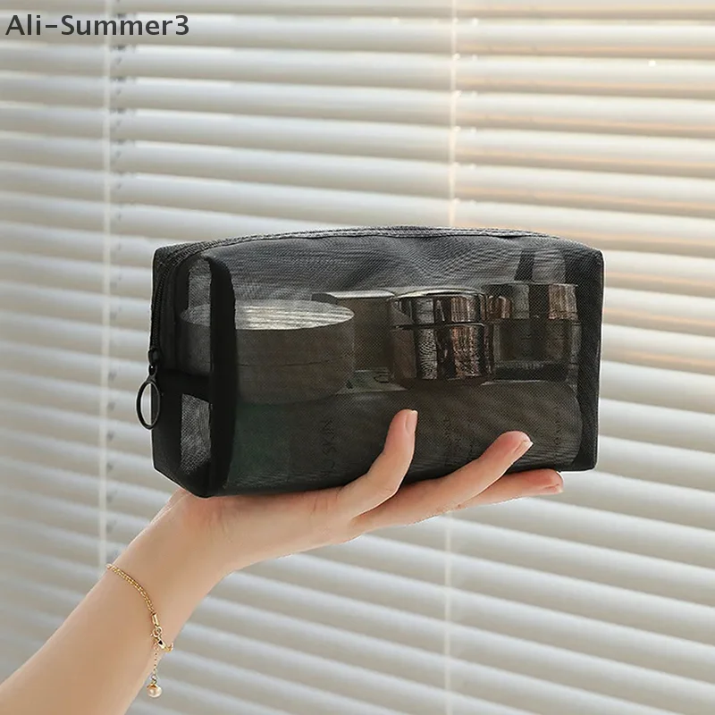 Black Mesh Clear Cosmetic Bags Set - Portable Travel Makeup and Toiletry Organizer with Lipstick Storage Pouch