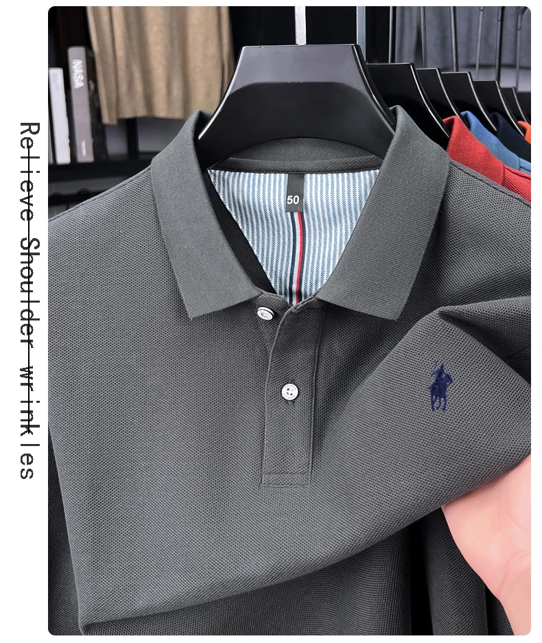 Hochwertiges Langarm-Poloshirt aus 100 % reiner Baumwolle für Herren, entworfenes High-End-Marken-Lou Pony-Stickerei, luxuriöses neues lässiges Golf-T-Shirt – Detail 16