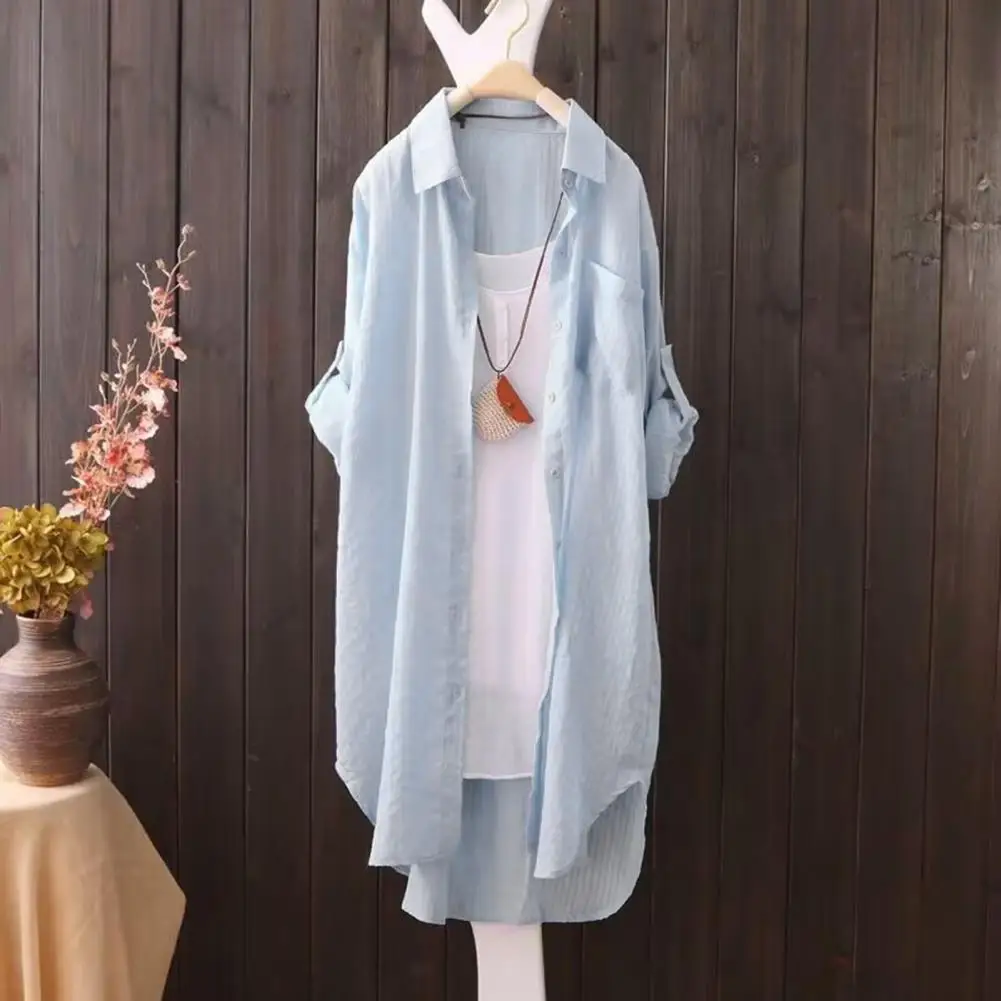 

Women Solid Color Shirt Plaid Print Women Shirt Plaid Print Women's Long Shirt with Three Quarter Sleeve Irregular for Summer