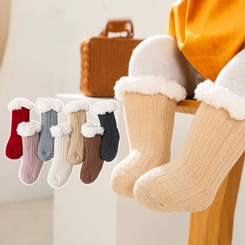 New children's baby socks winter thick warm non-slip baby floor socks cute winter plus velvet thick autumn non slip baby floor socks stereo doll socks brush furry infant girls and boys socks spring