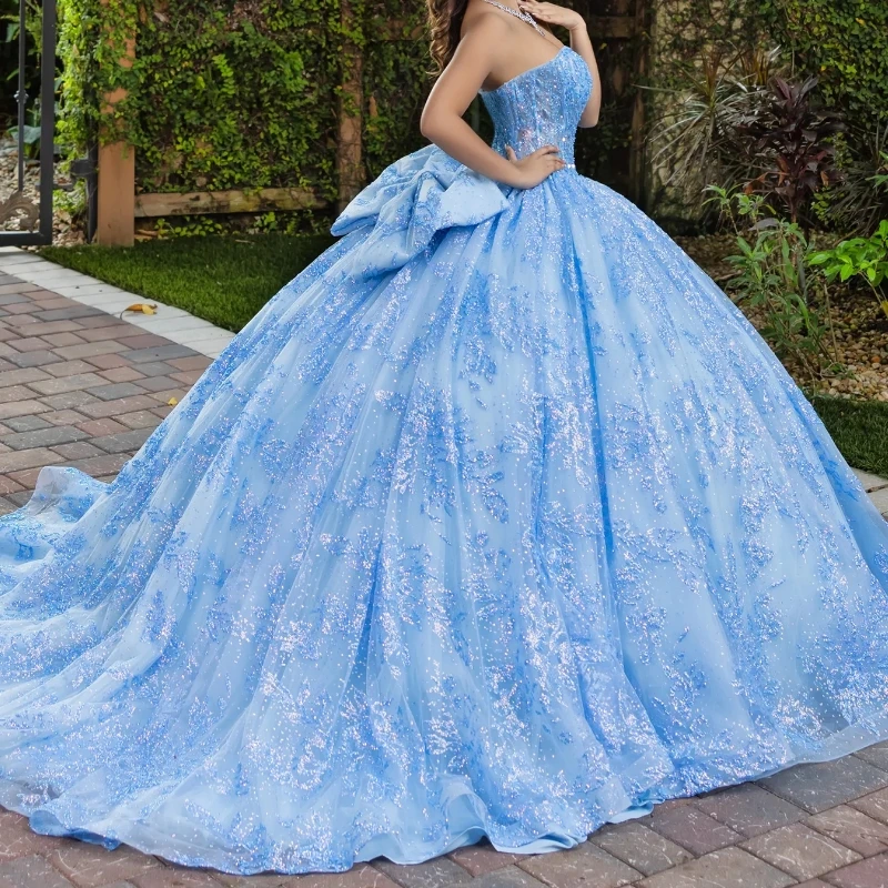 Sky Blue Shiny Ball Gown Quinceanera Dresses Off the Shoulder Sequin Applique Lace Beads Tull Corset Vestidos 15De Anos Sweet 16