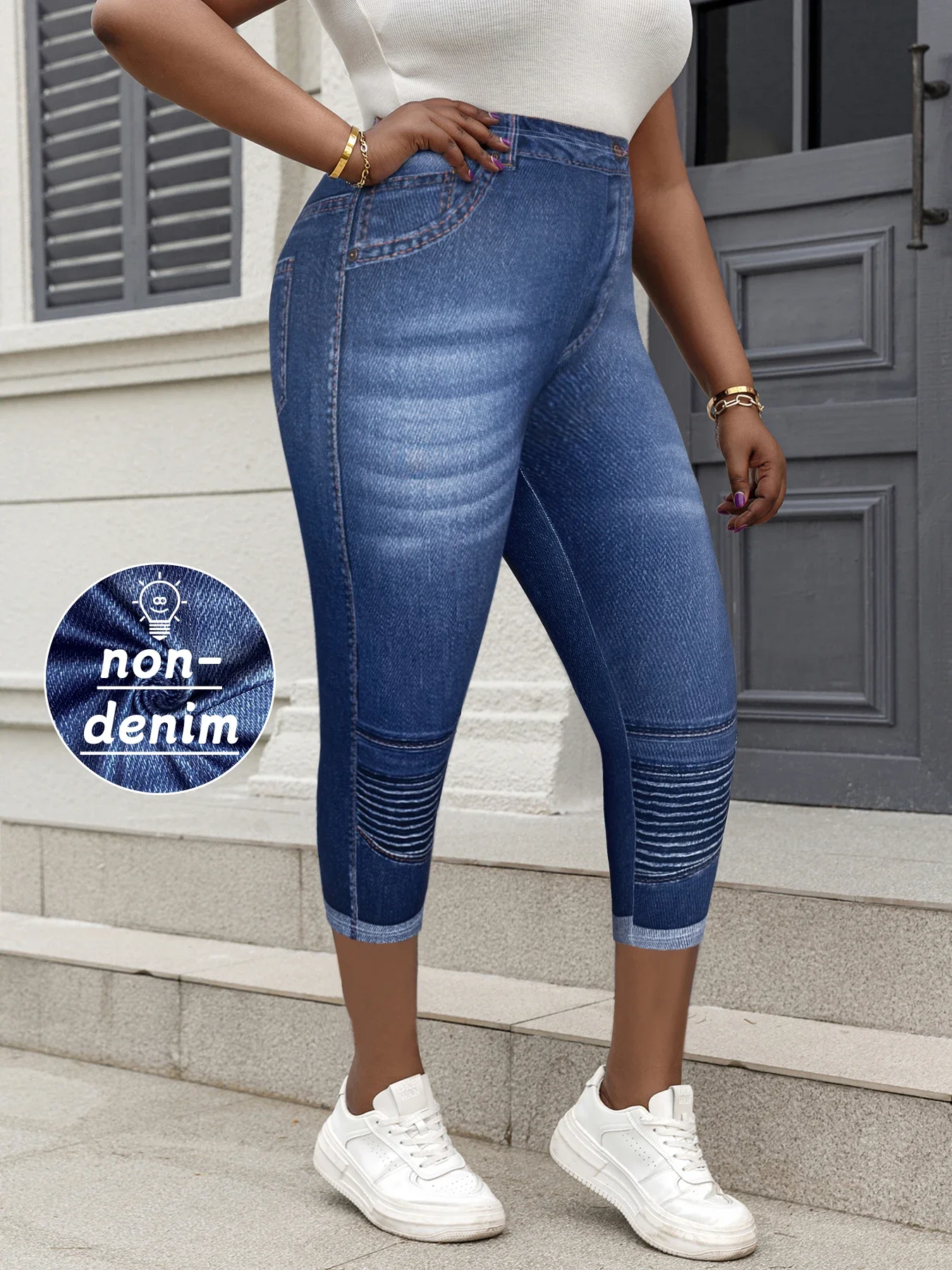 Plus Size Women's Capri Leggings with Faux Denim Print High Stretch Comfortable Knit Mid-Calf Pants for Casual Outings