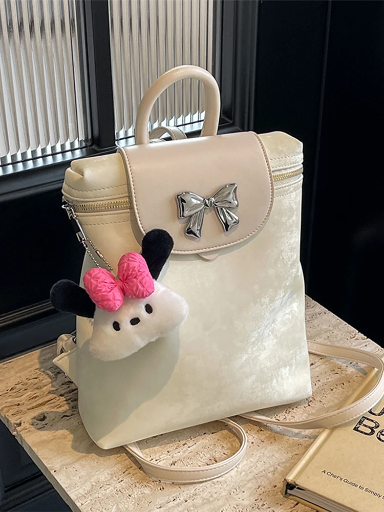 

Bow Design Women's Small 2024 Y2K Korean Fashion Backpack Girls School Bag Cute Pu Leather Travel Silver Back Pack