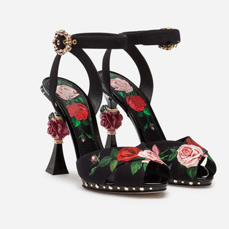 

Luxury 3D Flower printing leather Rose Heels Sandals Ankle Strap Rhinestone Buckle Cutout Rivets Studs Wedding Shoes