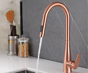 ก๊อกน้ําอ่างล้างจานแปรง Rose Gold ดึง Sink Mixer Tap หมุน 304 SUS ก๊อกเดี่ยวร้อนเย็น Kitchen Tap 2