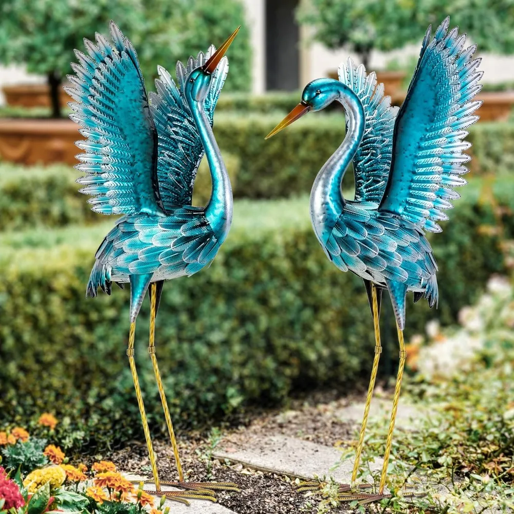 Garden Crane Statues for Outdoor, Blue Heron Decoy Garden Sculptures, Standing Metal Bird Yard Art,Statue
