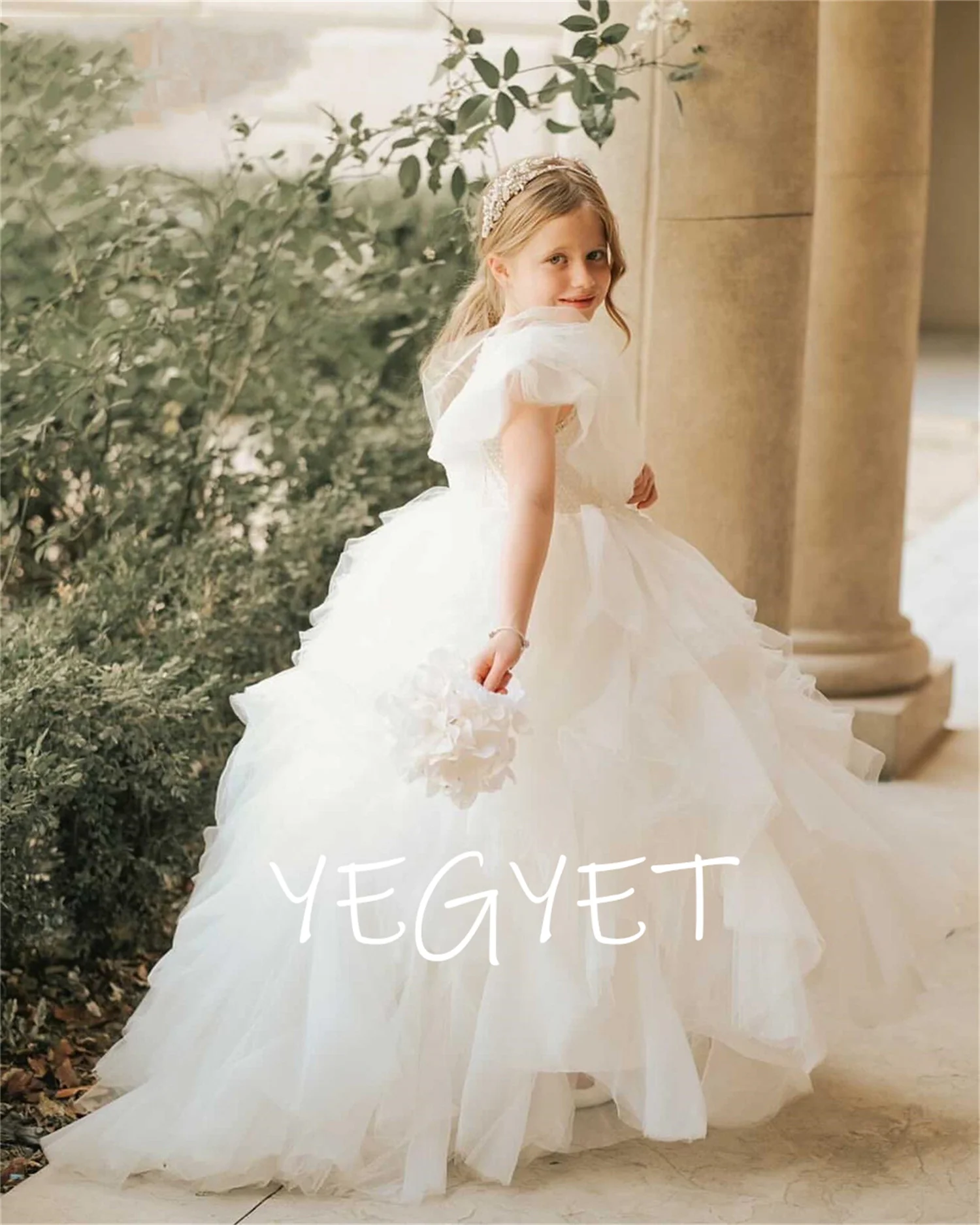 

Ruffled Ivory Puffy Layered Princess Kids Birthdays Dresses Baby First Communion Flower Girl Dress for Very Elegant Party