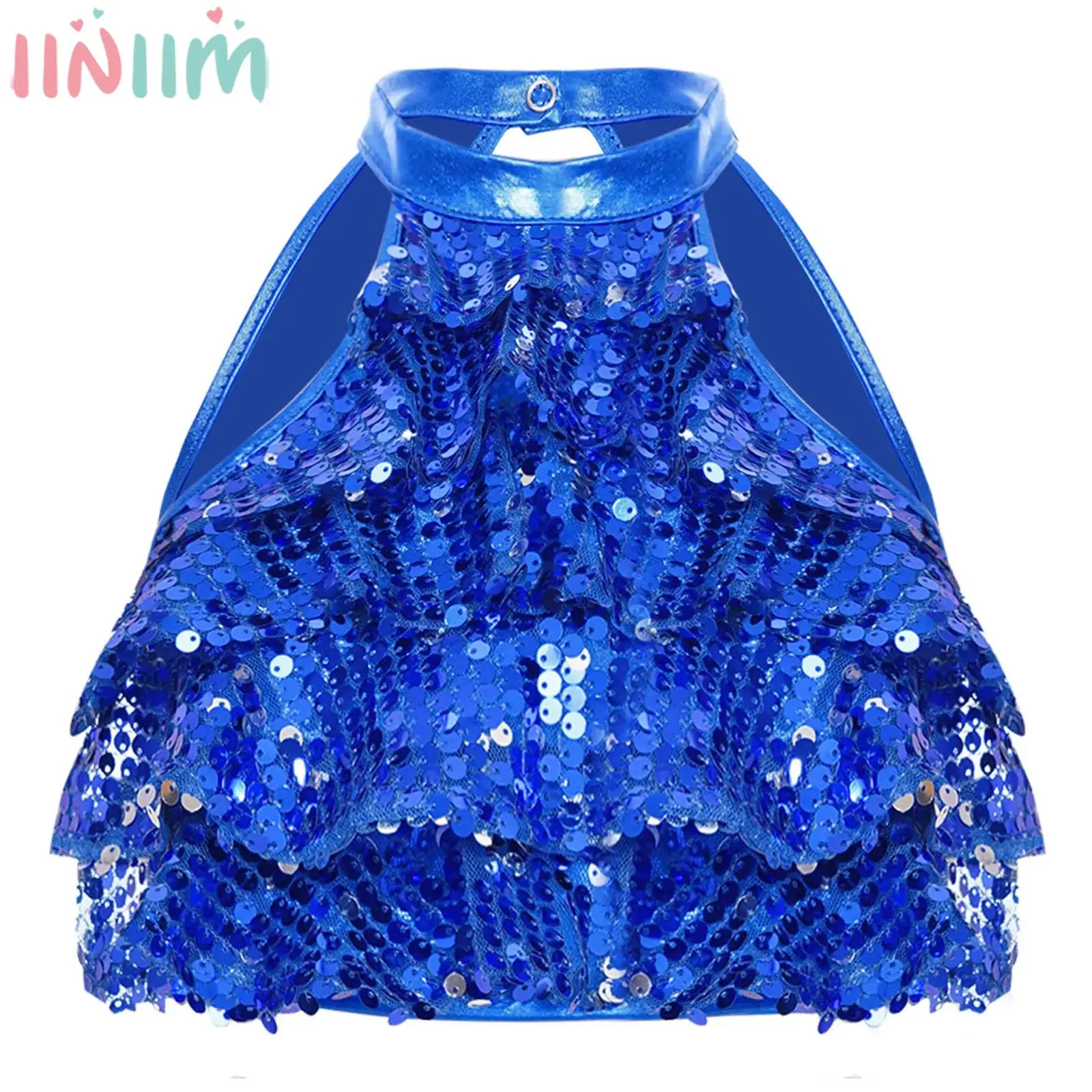 

4-16Y Girls Jazz Dance Cheerleading Tops Sleeveless Backless Tiered Sequin Crop Vest School Party Stage Performance Costume