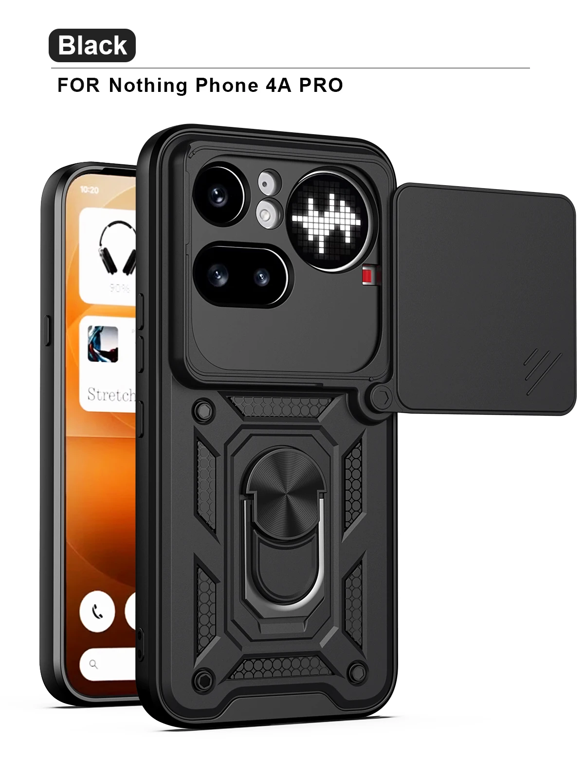 Heavy Duty Shockproof Camera Slider Phone Case with Matte Finish and Ring Holder Kickstand