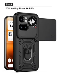 Heavy Duty Shockproof Camera Slider Phone Case with Matte Finish and Ring Holder Kickstand for Nothing Phone (4a) Pro (Black)