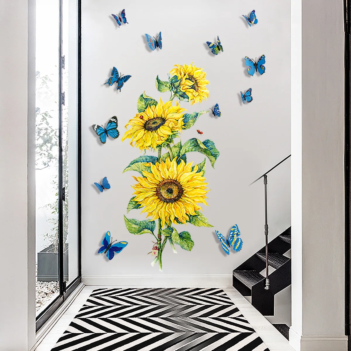 Self-Adhesive Sunflower Wall Stickers with Butterflies Removable Wall Decals for Living Room & Bedroom Decor