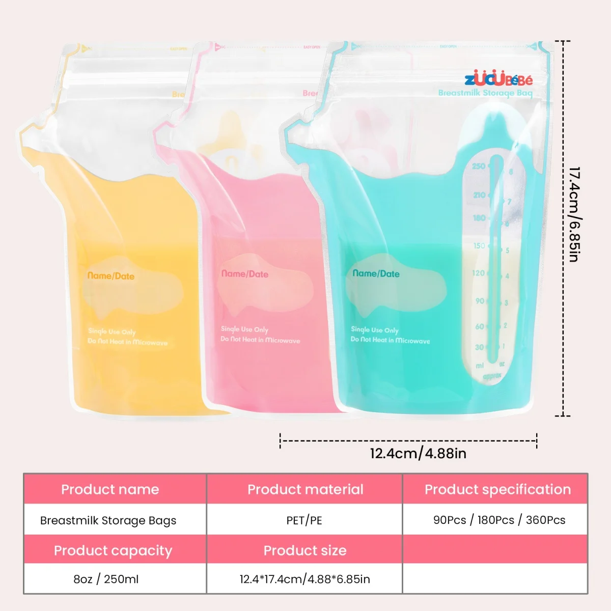 ZUCUBEBE Breast Milk Storage Bag, 8-Ounce Breast Milk Storage Bag, BPA-Free，Double Zipper，Heat-Sealing Sides，Easy-Write Label 6