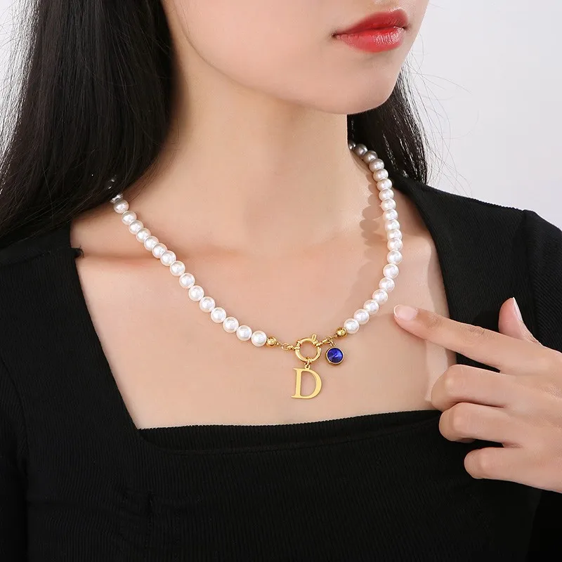 Luxury Pearl Necklace Stainless Steel Bohemia Necklace For Women Letter A-Z Pendant Girl Charm Grass Chain Wedding Party Jewelry