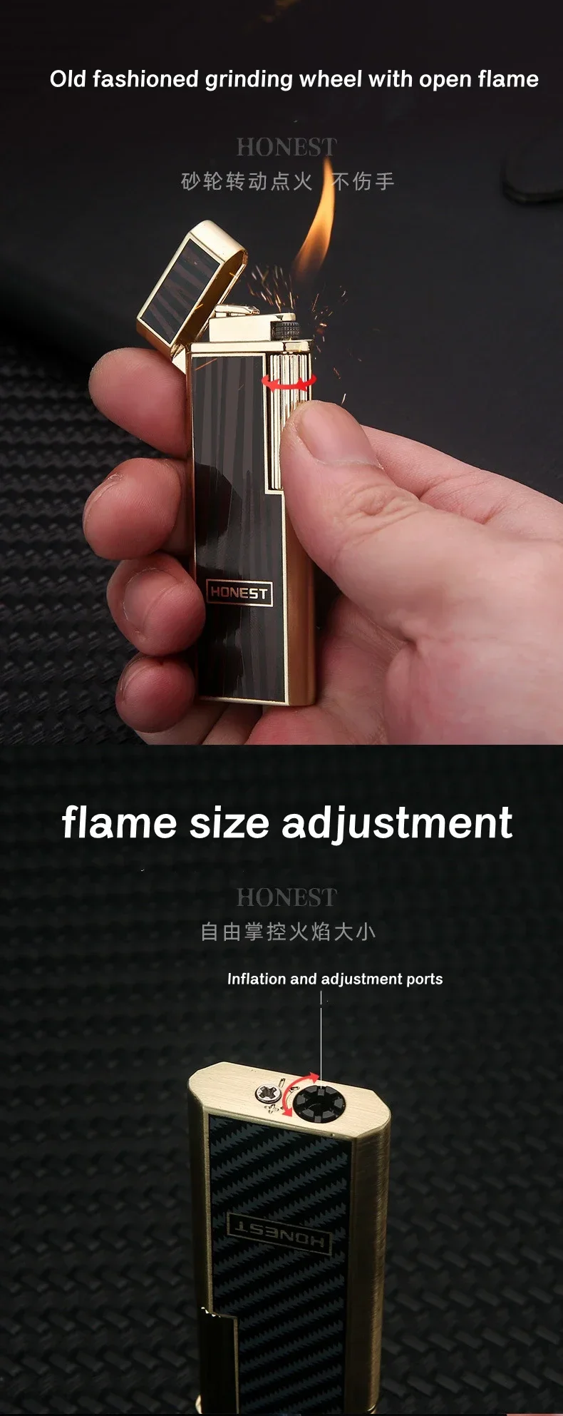 Metal Lighter Windproof Butane Gas Cigar Lighter Refillable Adjustable  Flame