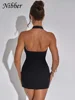 Nibber Diamond Pasted Solid Color Mini Dress Women Fashion Deep V-neck Strapless Dresses Female Trend Streetwear Clothing 3