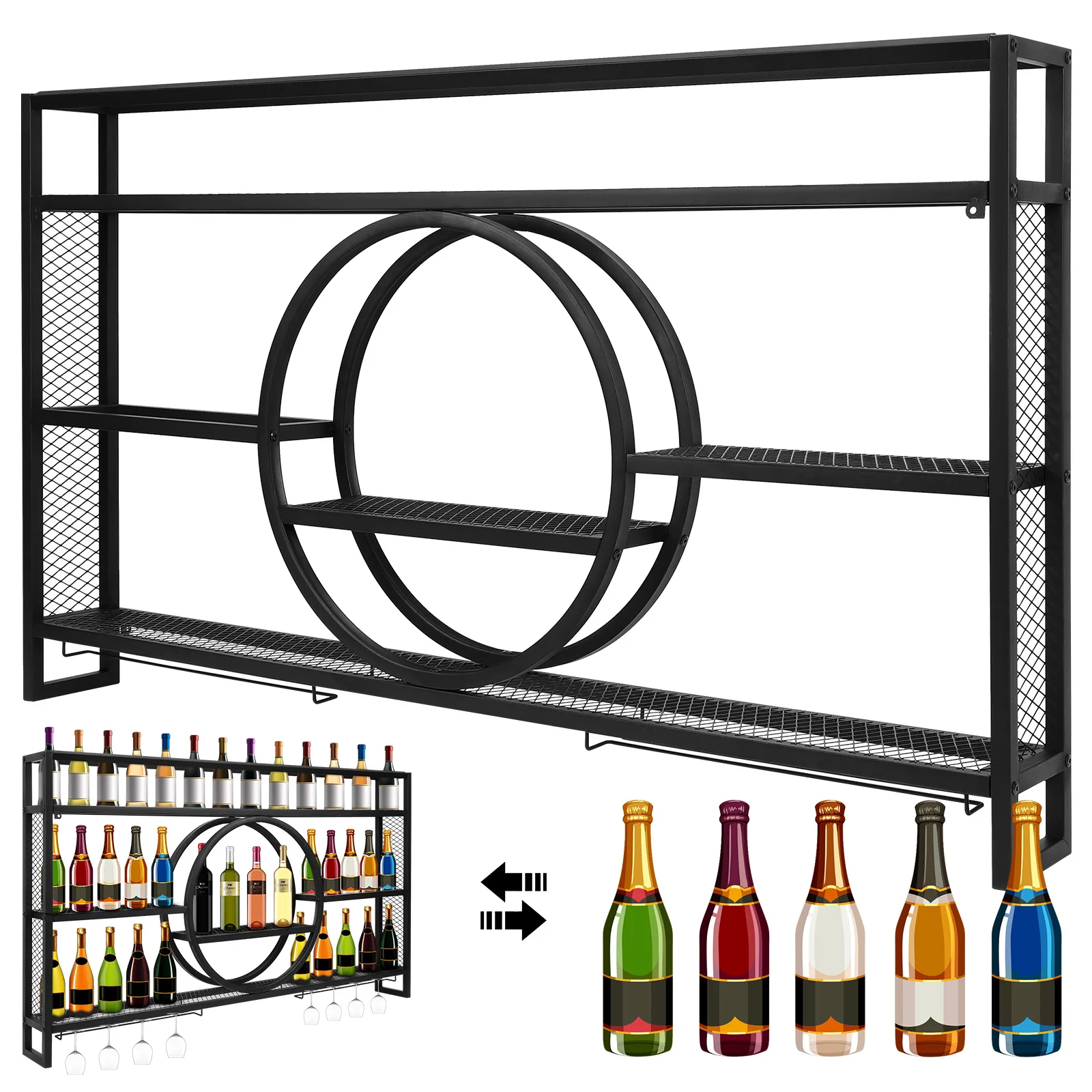 Metal Wall Wine Rack with LED Light for Home Bar