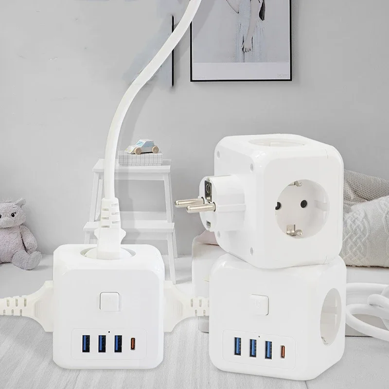 Power Strip EU Plug Adapter AC Power Socket For EU Plug 3 AC Outlets + 3 USB Charging Ports + 1 Type C 5V 2.4A 7-in-1 Plug Socket On/Off Switch