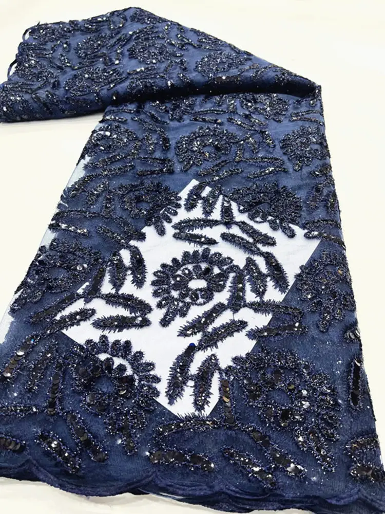

LYYN79 Navy blue embroidered African net lace fabric with sequins,good quality French tulle lace fabric for party/wedding dress
