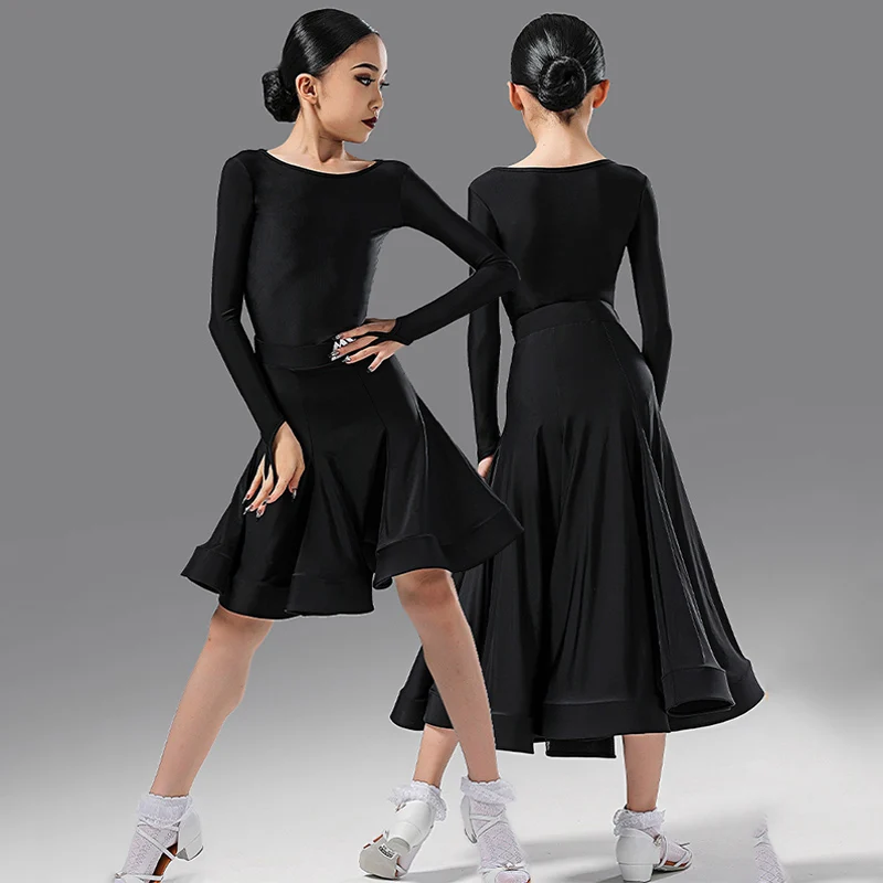 

Girls Black Latin Ballroom Dance Competition Dress Long Sleeve Performance Suit Kids Tango Waltz Social Dancing Costume YS5084