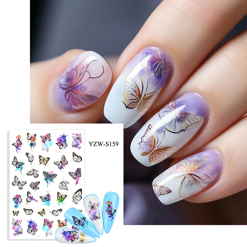 

3D Акварельная Бабочка стикер для дизайна ногтей, синяя бабочка украшение для ногтей, цветок стикер для улучшения ногтей