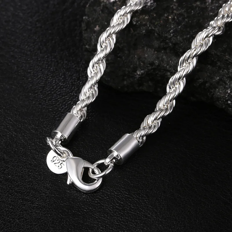 TIEEFEGO High Quality 925 Sterling Silver 4MM Women Men Chain Male Twisted Rope Necklace Bracelets Fashion Silver Jewelry Set