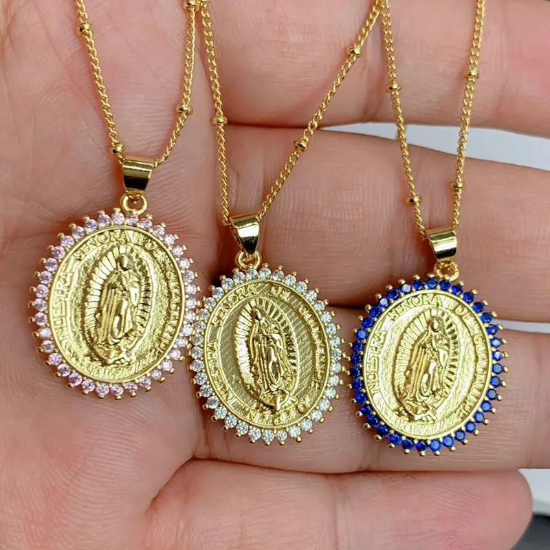 

Fashion Classic Zircon Virgin Mary Pendant Necklaces For Women Gold Color Our Lady of Guadalupe Choker Copper Religious Jewelry