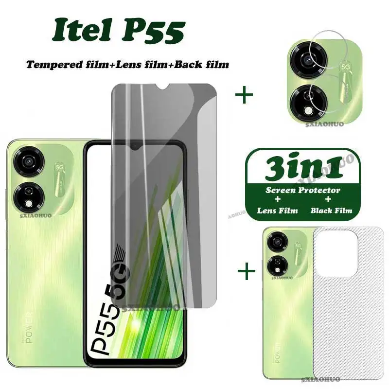 

3 в 1, противошпионское закаленное стекло для itel P55, Защитная пленка для экрана itel P55, пленка для объектива и задняя пленка