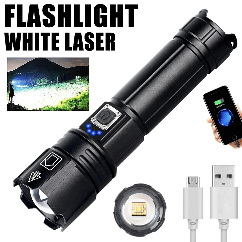 Strong LED White Laser Flashlight Multi Functional Rechargeable Outdoor Portable Long Range Aluminum Alloy Tactical Flashlight