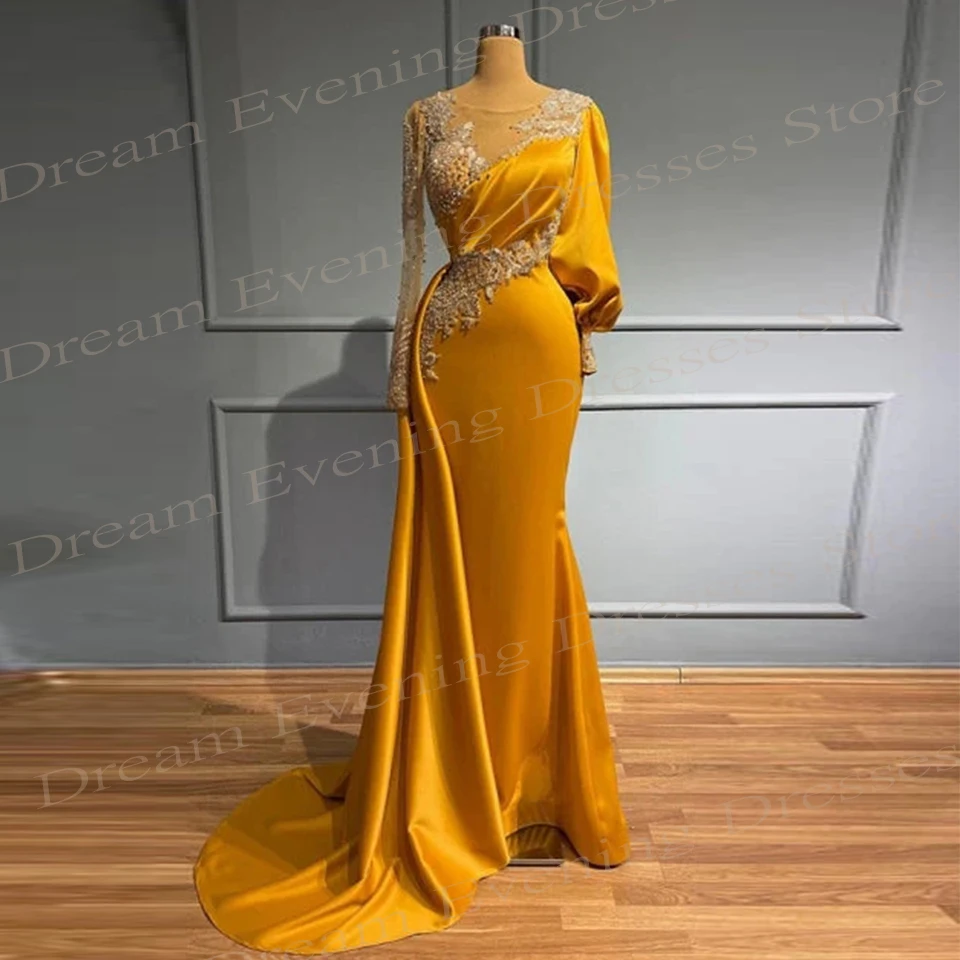 

2024 Graceful Yellow Women's Mermaid Generous Evening Dresses Lace Appliques Beaded Prom Gowns Long Sleeve Pleated Formal Party