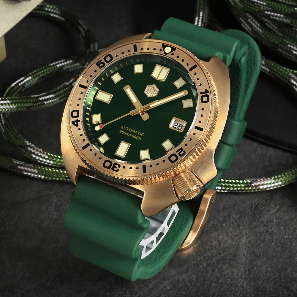 Mechanical Watch San Martin 44mm Abalone V4 Turtle Solid Bronze Vintage Diver Men 20 Bar Luminous Leather Strap