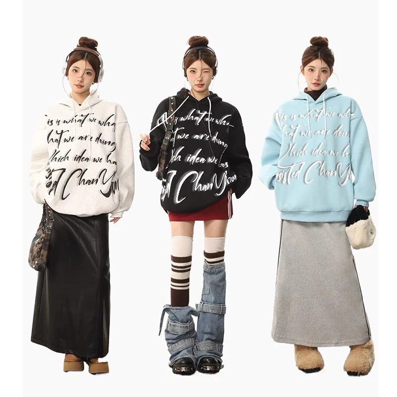 

Женский свободный свитер с капюшоном, Повседневный свитер с длинным рукавом и буквенным принтом в стиле Харадзюку, Осень-зима