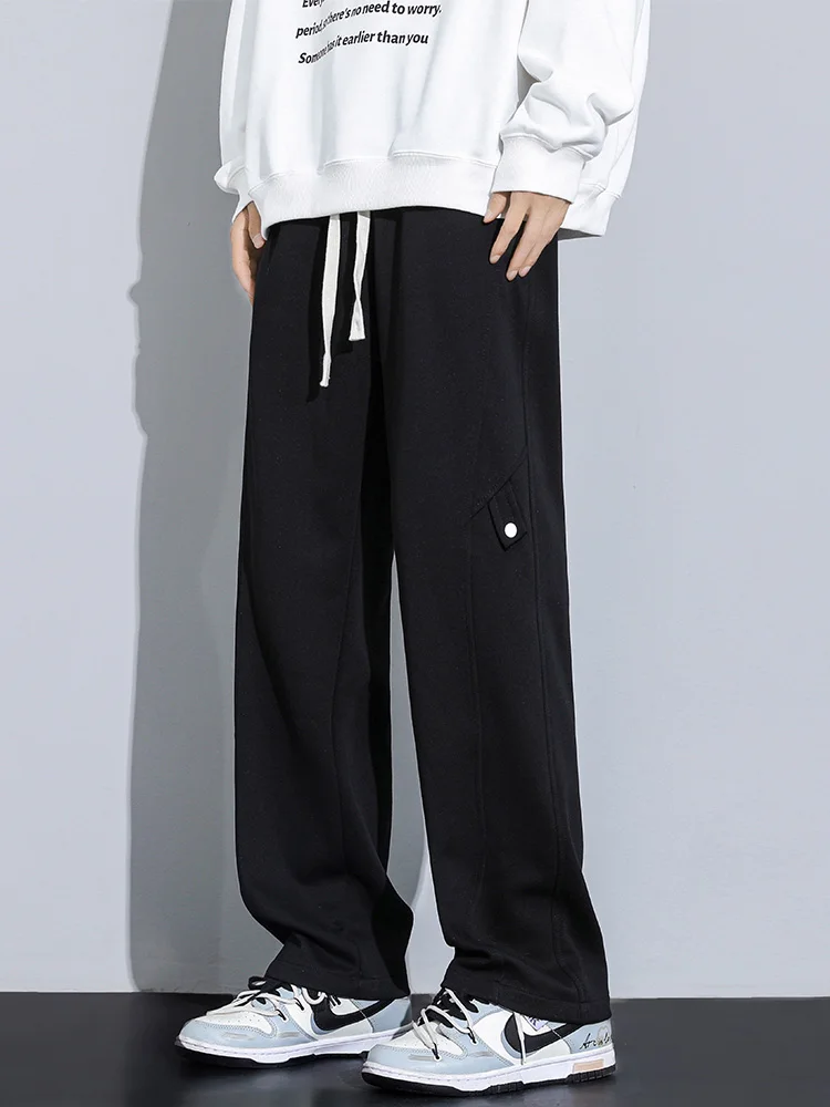 Wide Leg Pants Autumn New Men's Sweatpants Korean Fashion Solid Color String Banding Wide Leg Track Pants Straight Loose Cotton Trousers