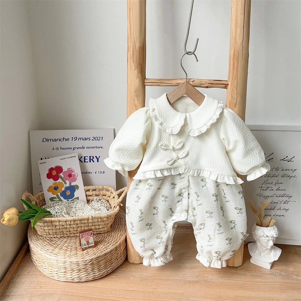 

Spring Autumn 2024 Baby Girls National Bodysuit Cotton Floral Spliced Long Sleeve Newborn Girls Jumpsuit Infant Girls Outfits