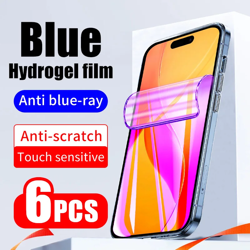 6pcs iPhone 15 Pro 12 14 13 미니 11 X XR XS 안티 블루 라이트 소프트 풀 커버 소프트 스크린 프로텍터 용 ..