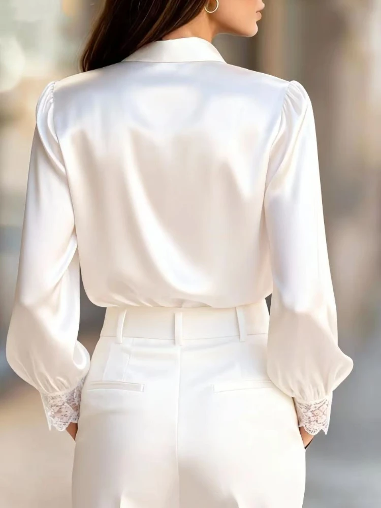 Spring Summer Women's Lapel Cardigan Bubble Sleeve Blouse Solid Color Fashion Long Sleeve Lace Shirt Elegant Women's Clothing