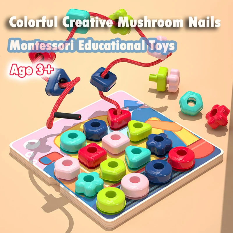 Children Montessori Color Shape Pegboard Toys Button Art Mosaic Mushroom Nail 3D Puzzles Threading Game Education Activities Toy 2