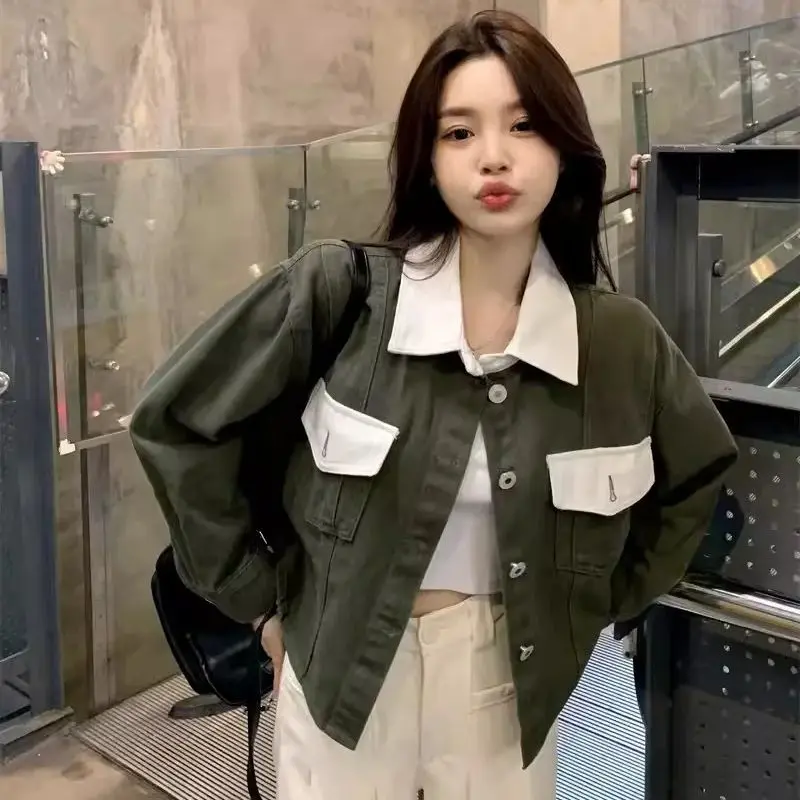 Korean Version Contrasting Polo Collar Short Denim Jacket for Women's 2024 Spring New Loose and Versatile Jacket Cardigan top