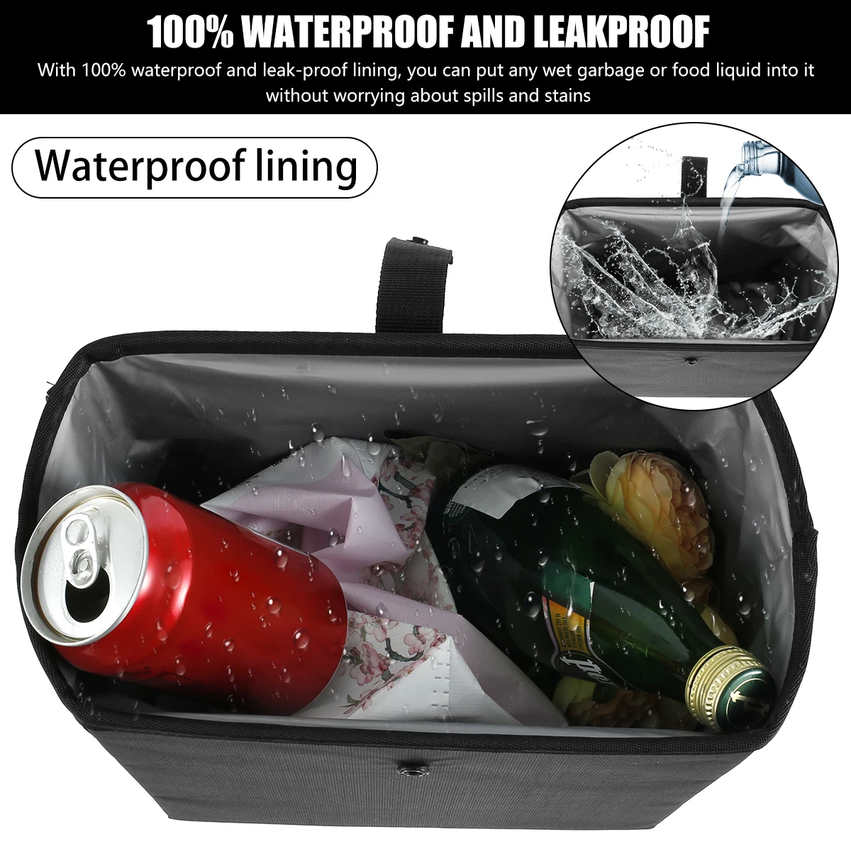 Waterproof Black Nylon Car Trash Bag Foldable Hanging Storage