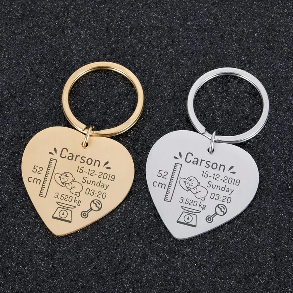 customized Personalized Heart Shaped Keychain sEngraving Baby Birth Data gold Stainless Steel Car Keychain jewelry Gifts For Mom