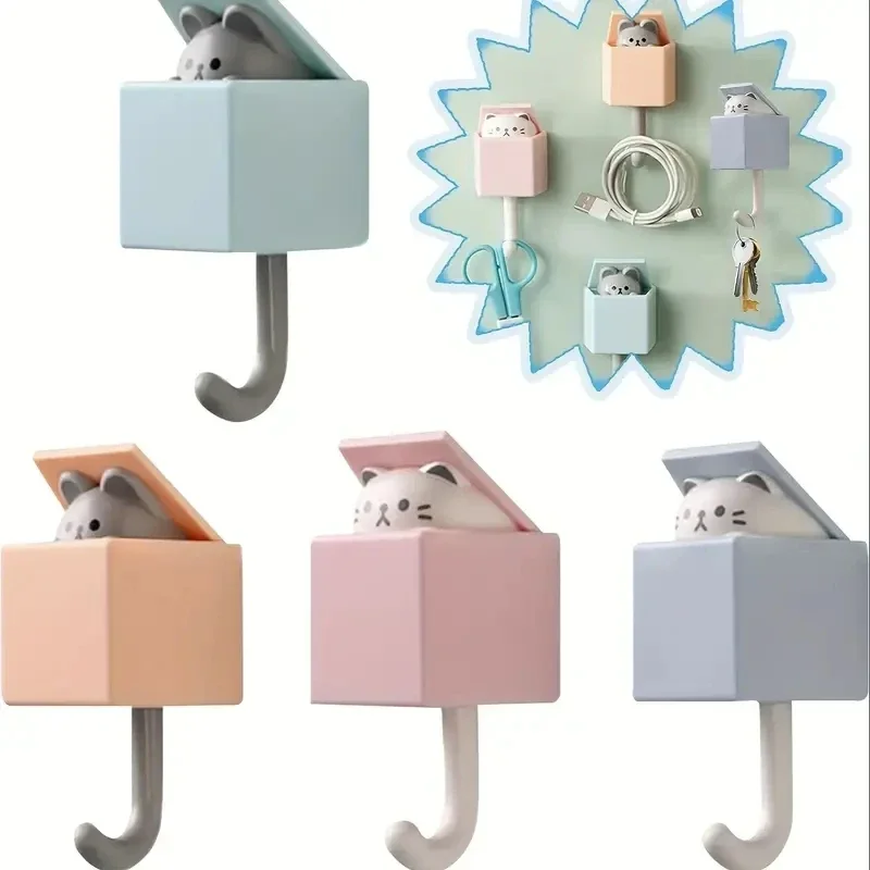 Cartoon Cute Cat Hooks Non-marking Strong Adhesive Hooks No-hole Hanging Clothes Hook Behind The Door Wall Hooks Key Hanger 3