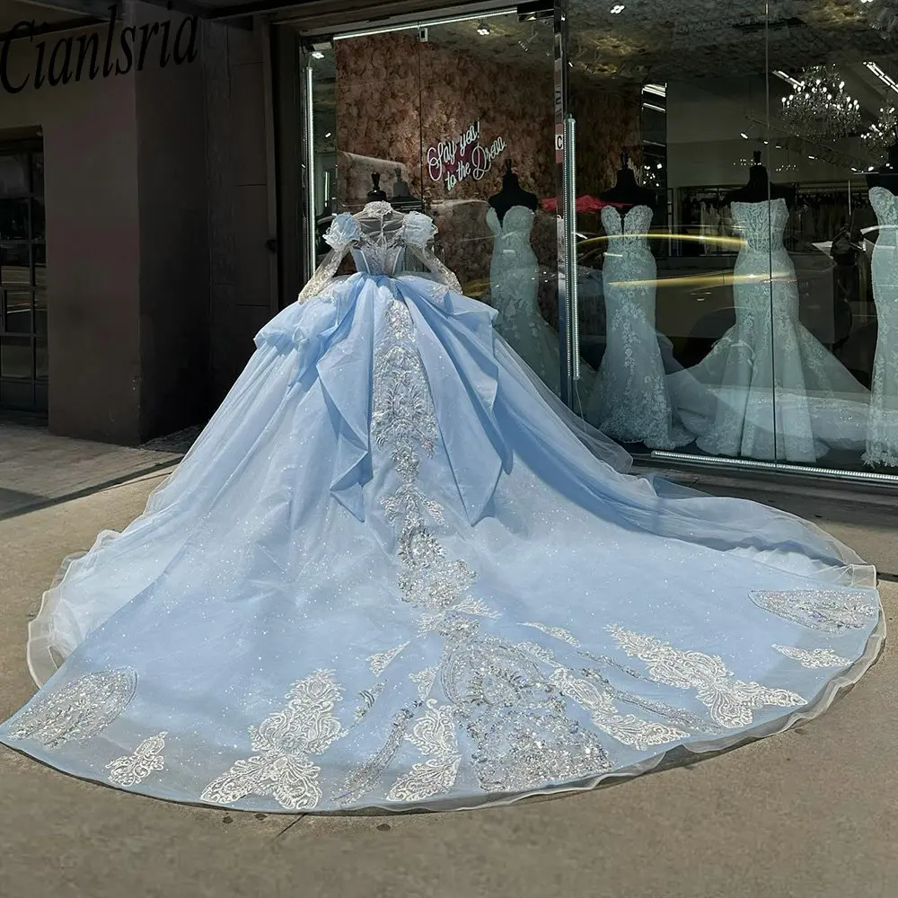 Light Blue Long Sleeved Pleated Quinceanera Dress with Crystal Decal Bridal  Gown