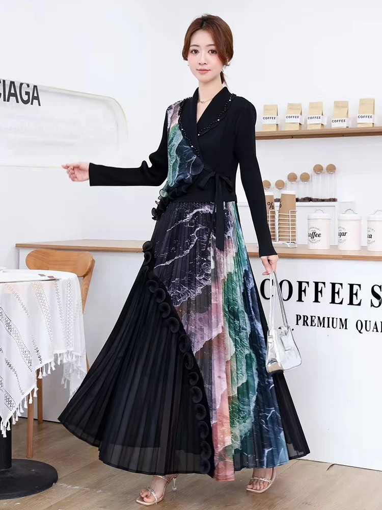 LANMREM Beading Notched Collar Design Women's Pleated Dress