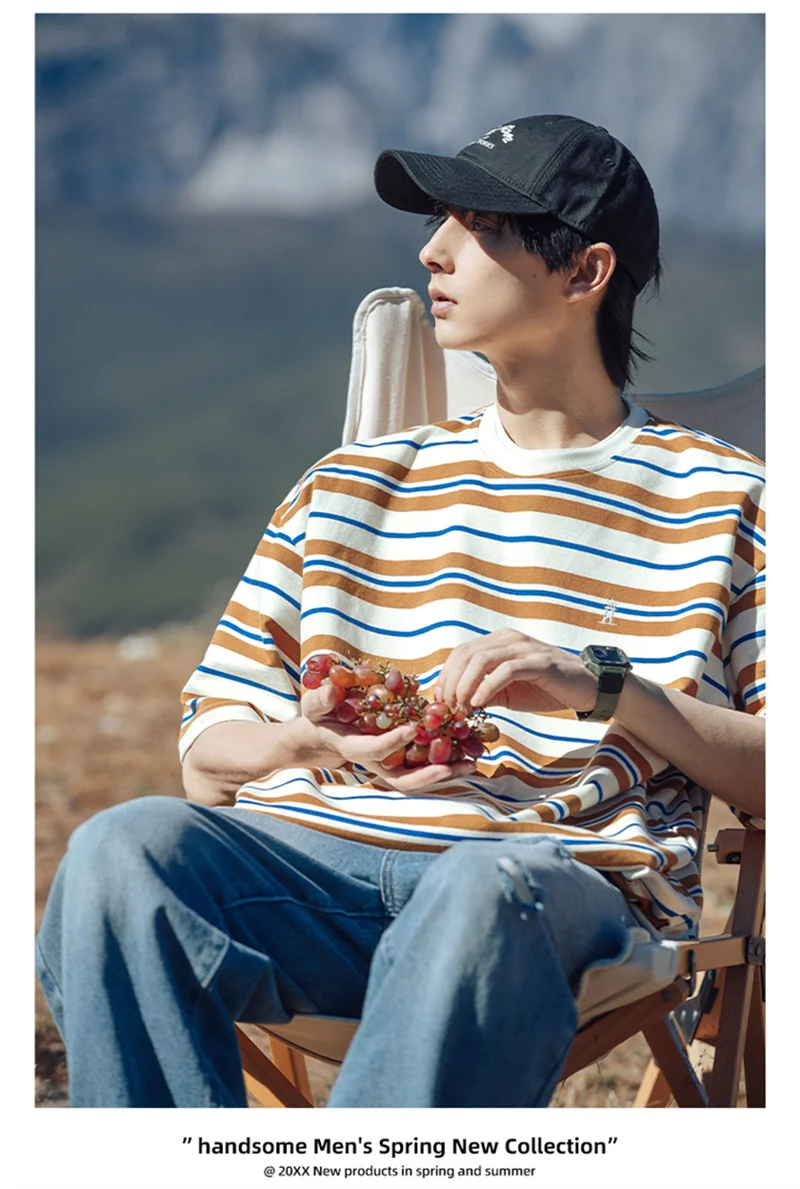 Summer Y2K Vintage Striped Men T-shirt 2024 New Cotton Short