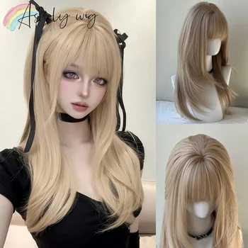 Parrucca bionda con frangia Parrucca per capelli medi lisci da 22 pollici per donna Parrucche sintetiche morbide naturali in fibre resistenti al calore 가Peluca