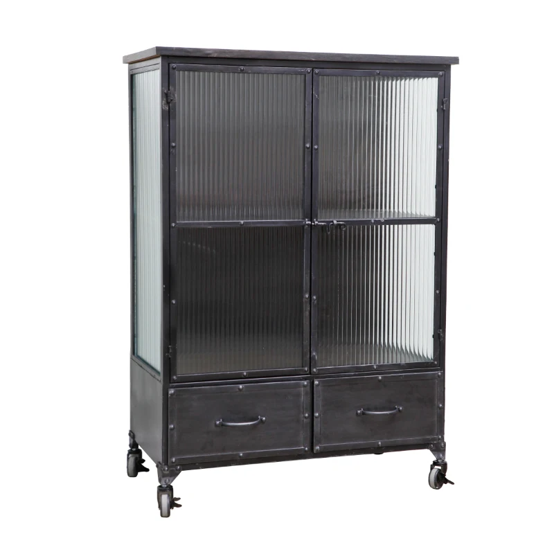 

Export Retro LOFT Industrial Style Iron Distressed Glass Cabinet Sideboard Cabinet Bookcase with Wheels