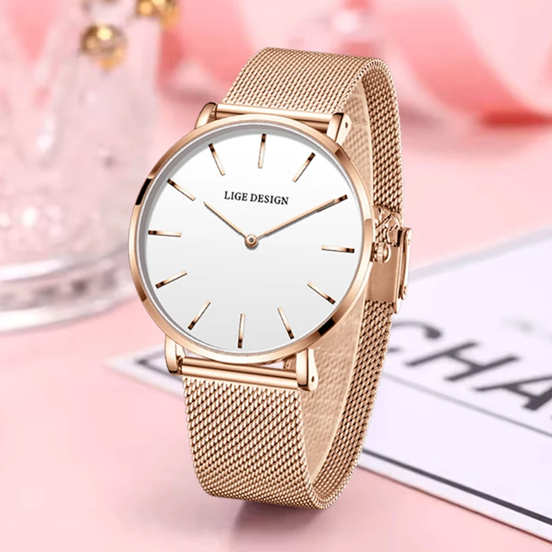 2026 LIGE New Elegant Bracelet Watch For Women Fashion Ultra Thin Mesh Ladies Waterproof Watches Simple Sport Quartz Watch Femme