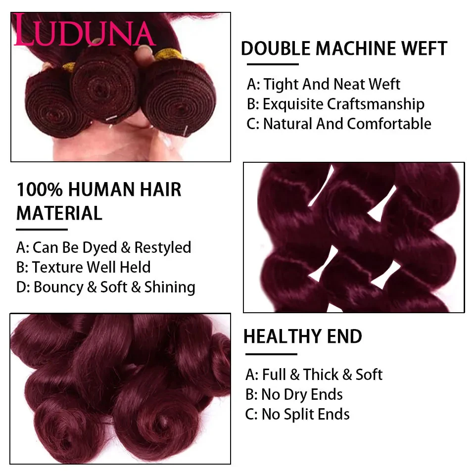 Luduna Burgundy Loose Wave Bundles With Closure 99J Bundles Human Hair With Lace Closure Brazilian Loose Wave Hair Extensions
